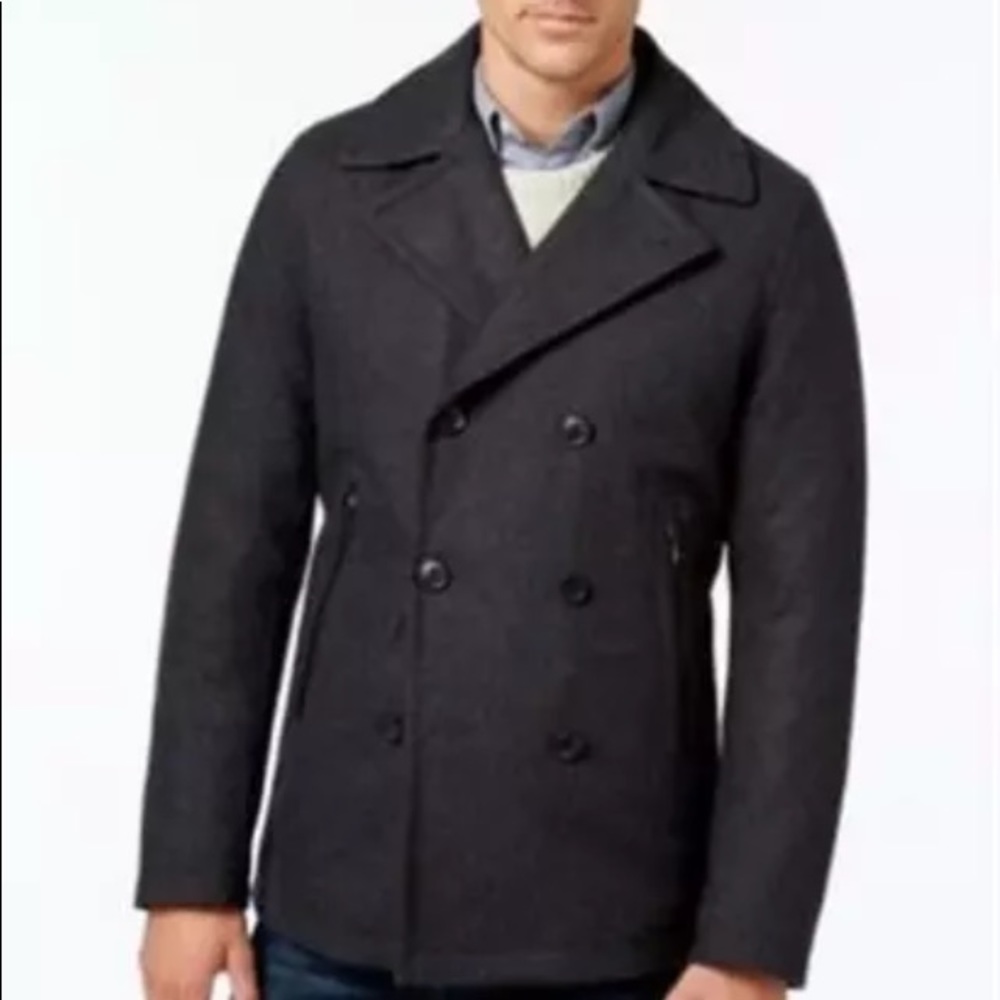 Michael Kors Faux Leather Trim Dark Charcoal Peacoat Wool Blend Large